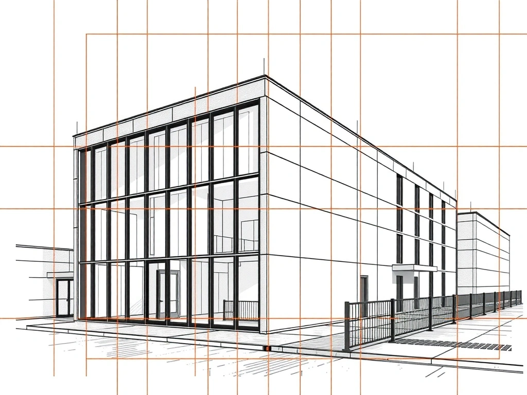 Technický náčrt budovy s překryvem mřížky